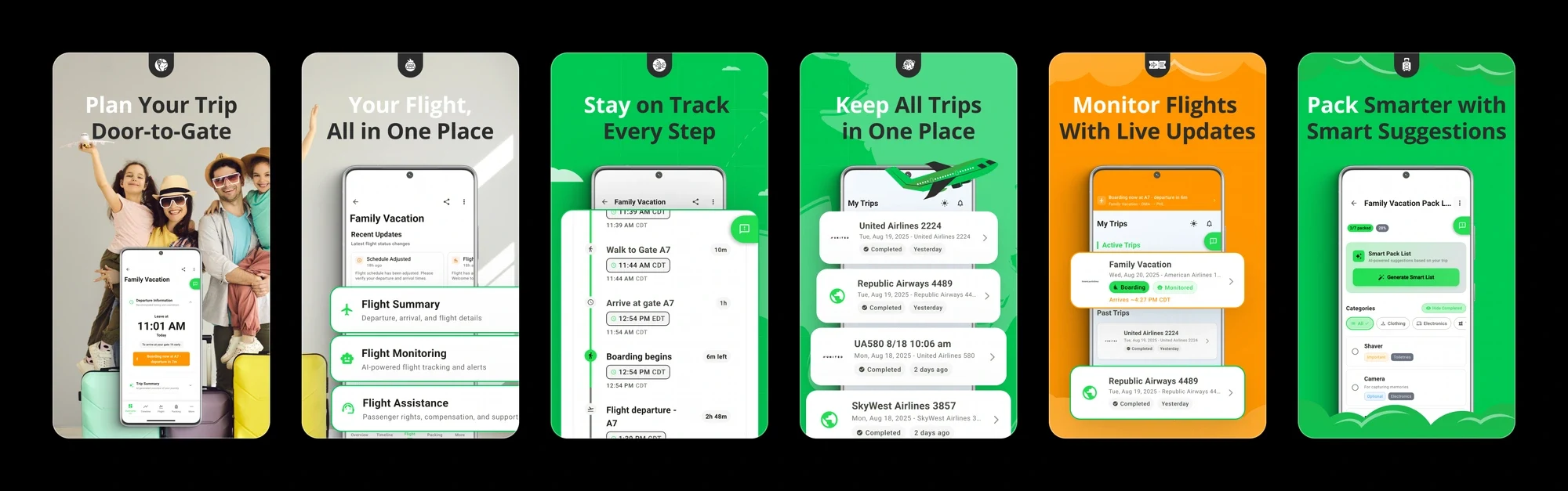 Tripsee App Store feature graphics — plan door-to-gate, stay on track, monitor flights with live updates, and pack smarter