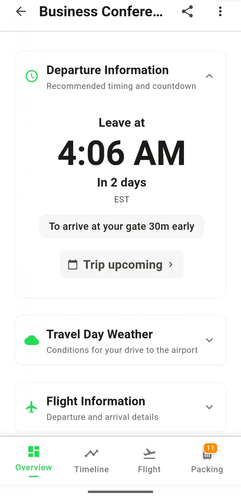 Tripsee app overview showing a recommended leave time of 4:06 AM to arrive at the gate 30 minutes early