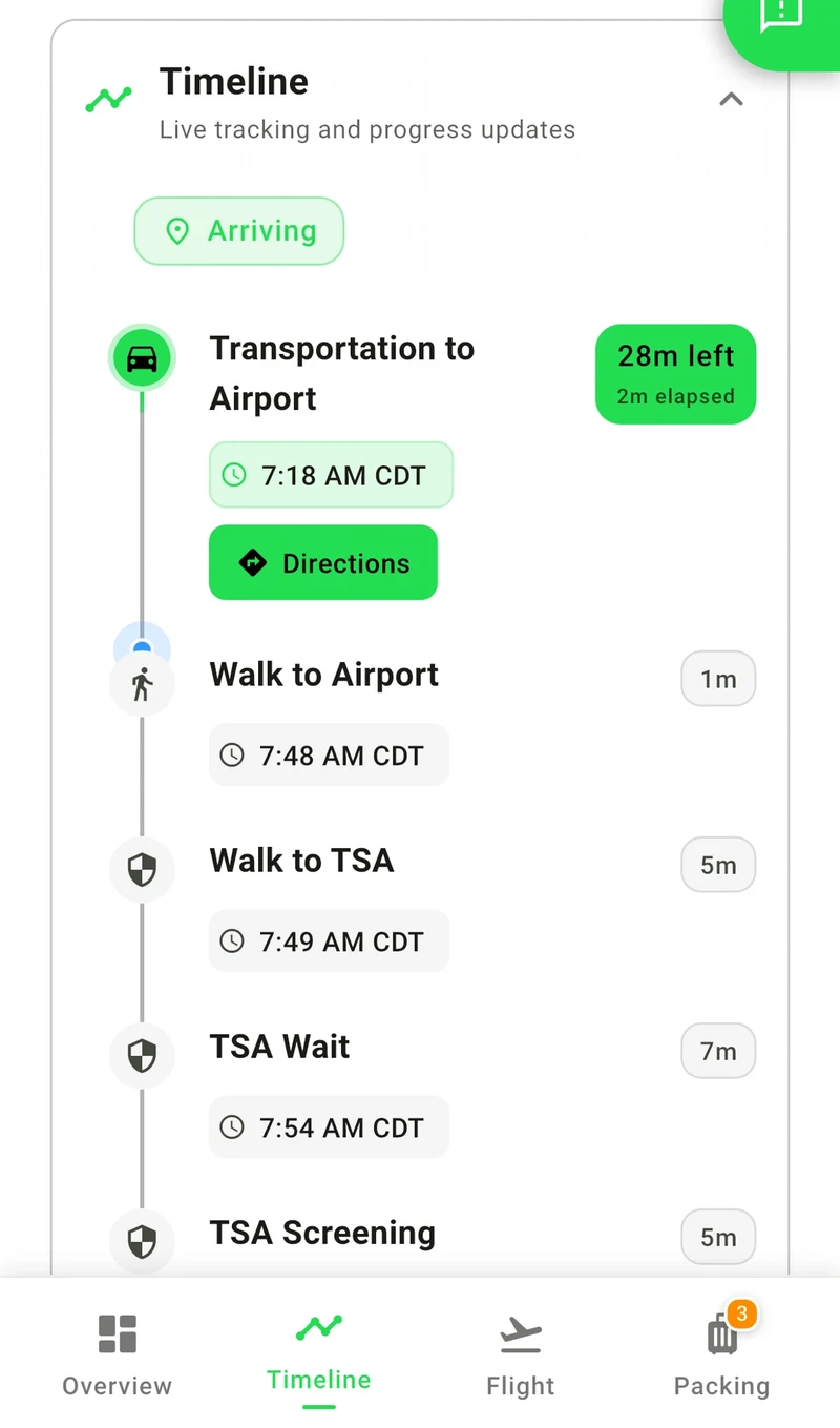 Tripsee live timeline tracking each step from transportation to TSA screening